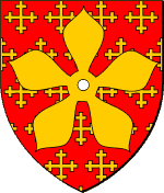 De gueules, semé de croisettes recroisettées d'or, à la quintefeuille dur même, boutonnée d'argent, brochante sur-le-tout.